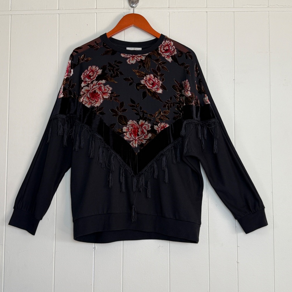 Zara Trafaluc Womens‎ Boho Floral Velvet Burnout Fringe Tassel Sweatshirt Size S